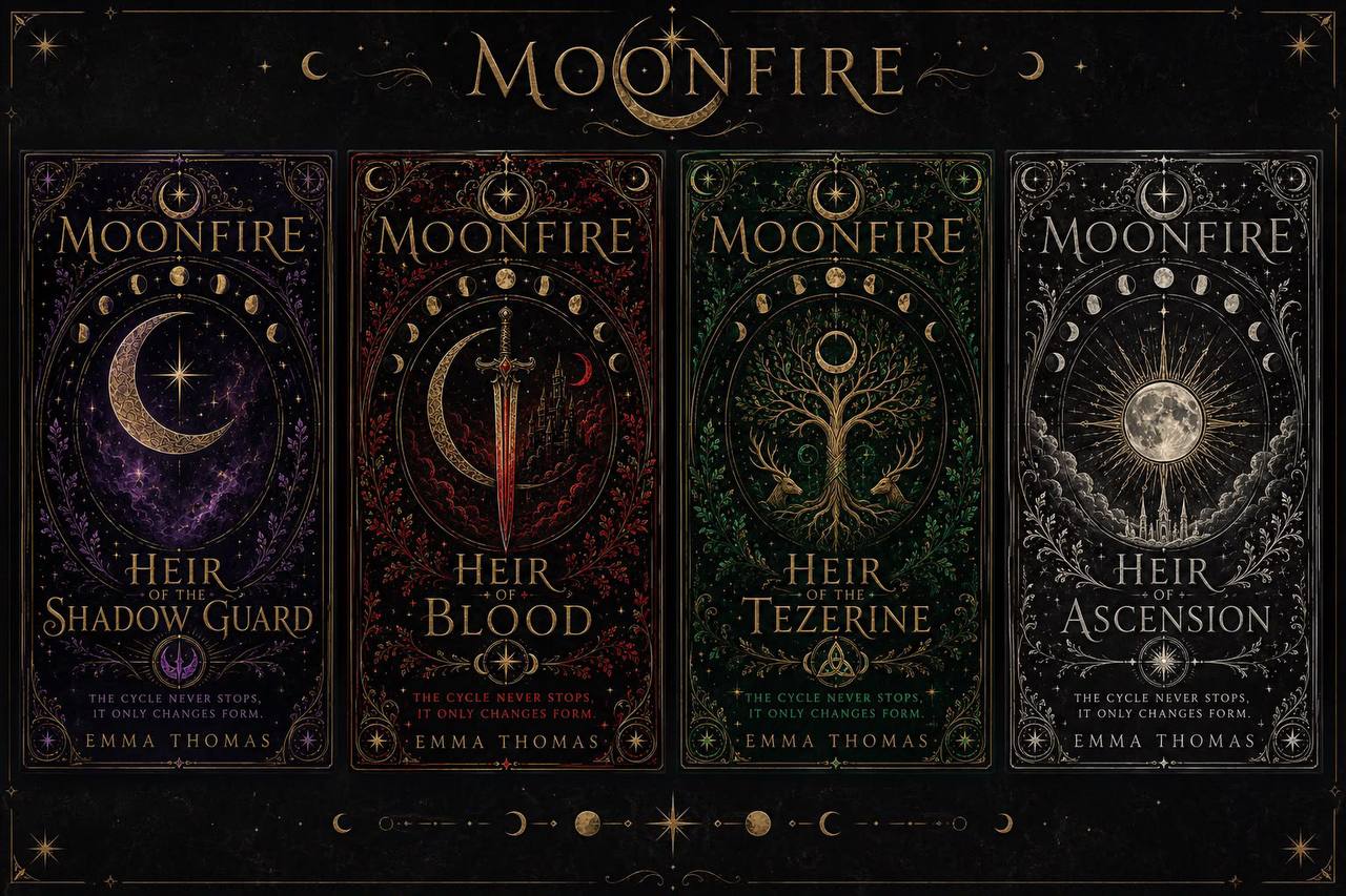 The four books of the Moonfire series: Heir of the Shadow Guard, Heir of Blood, Heir of the Tezerine, Heir of Ascension